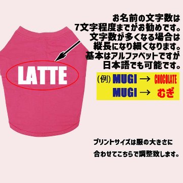 愛犬の名入れが出来る ローマ字アルファベット横書きタイプ ブルドッグ パグ フレンチブル用 Tシャツ 名前入り犬服  小型犬〜中型犬 プリントカラーは10色　お名前だけで作れますの画像