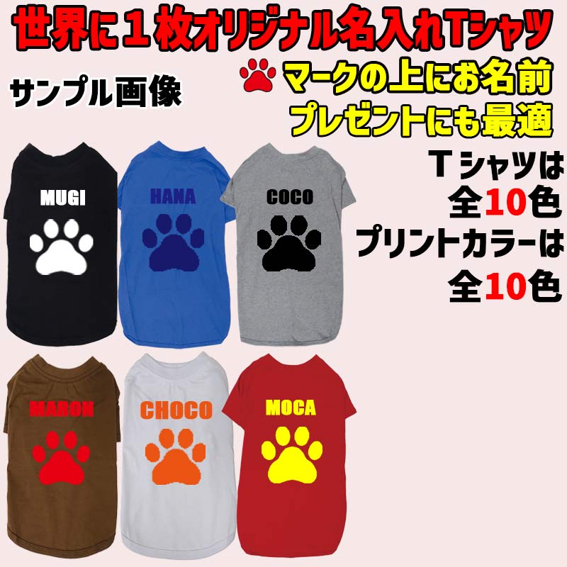 愛犬の名入れが出来る 犬用Tシャツ PAW/足跡/足型/肉球 犬服 超小型犬〜大型犬 S~4XL プリントカラーは10色　お名前だけで作れますの画像