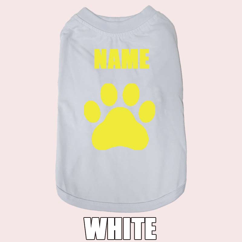 愛犬の名入れが出来る 犬用Tシャツ PAW/足跡/足型/肉球 犬服 超小型犬〜大型犬 S~4XL プリントカラーは10色　お名前だけで作れますの画像