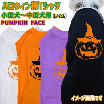 ハロウィン柄! PUMPKIN-FACE コットン100% 犬用Tシャツ 犬服 halloween ハロウィーン風ロゴ リンクコーデも出来ますの画像