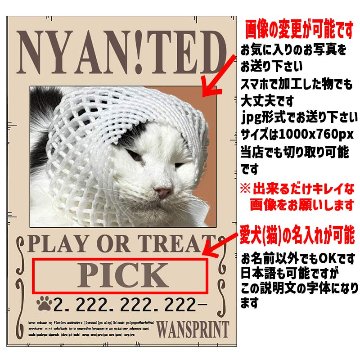 愛犬の名入れ＆写真プリント 【WAN!TED】 パロディー柄 指名手配 WANTED  お好きな犬服やTシャツ等にプリント致しますの画像