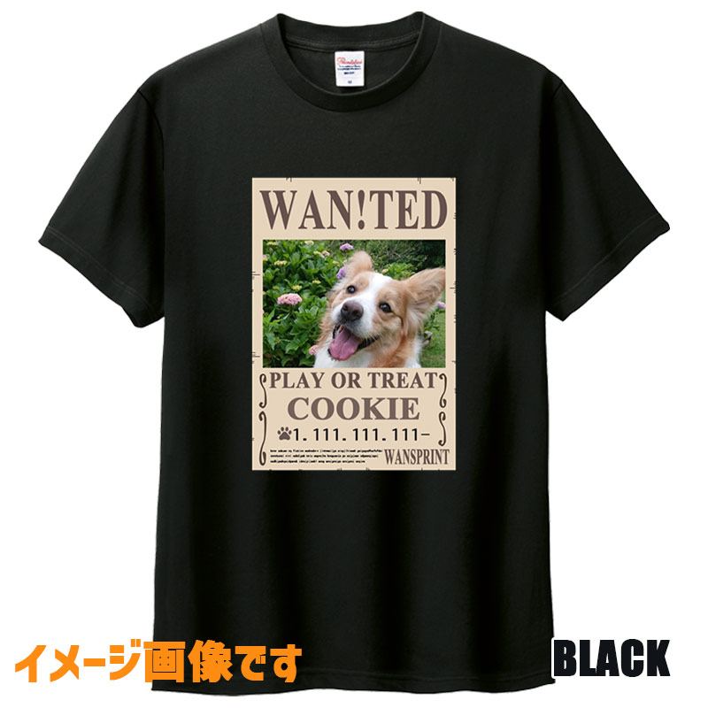 愛犬の名入れ＆写真プリント 【WAN!TED】うちの子Tシャツ パロディー柄 指名手配 WANTED  半袖Tシャツの画像