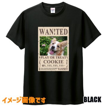 愛犬の名入れ＆写真プリント 【WAN!TED】うちの子Tシャツ パロディー柄 指名手配 WANTED  半袖Tシャツの画像